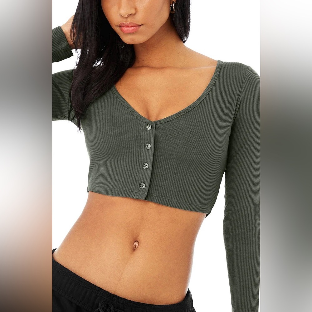 Alo Ribbed Cropped Whisper Cardigan Dark Cactus Size S